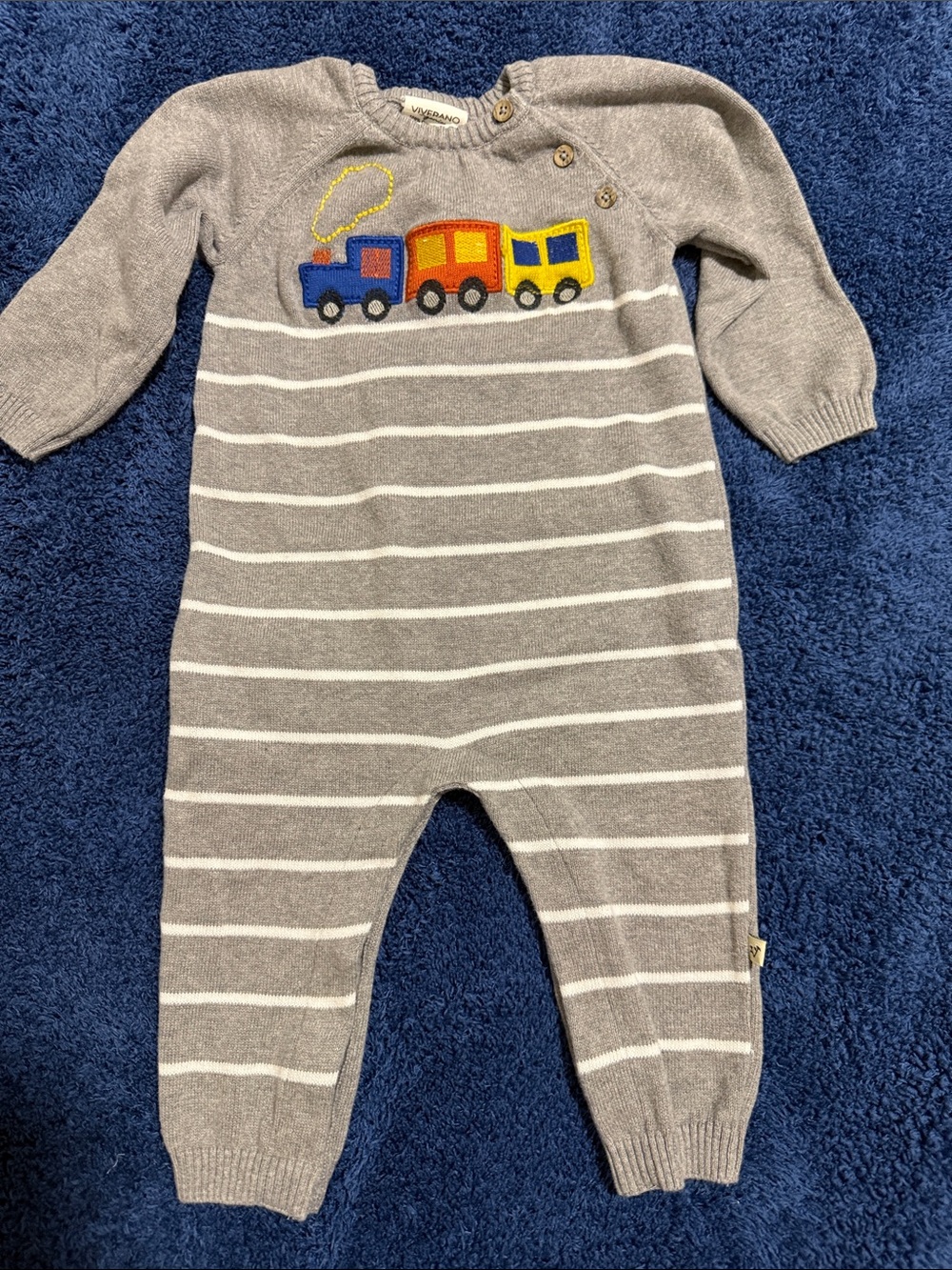 Gray Striped Knit One-Piece with Train Applique